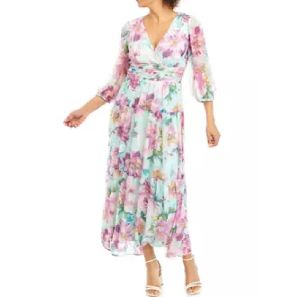 Maison Tara Long Sleeve Floral Dress in Purple and Blue